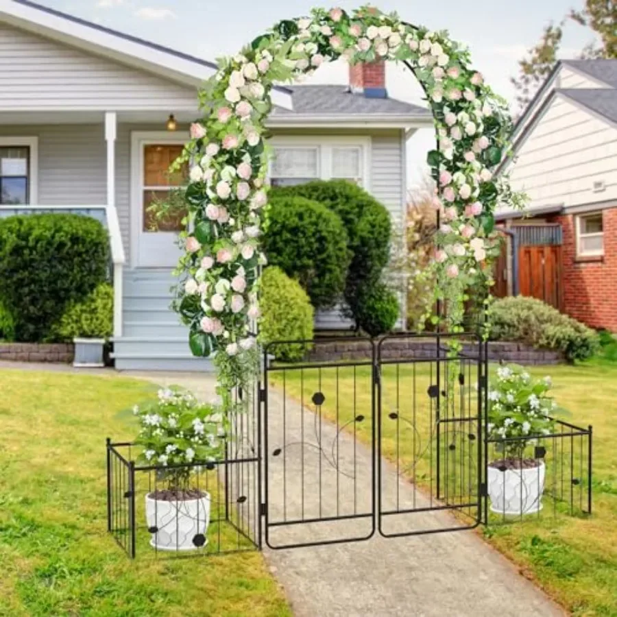 Metal garden archway for outdoor decoration, heavy-duty steel, black, includes lockable gate and 2 side planters for climbing p