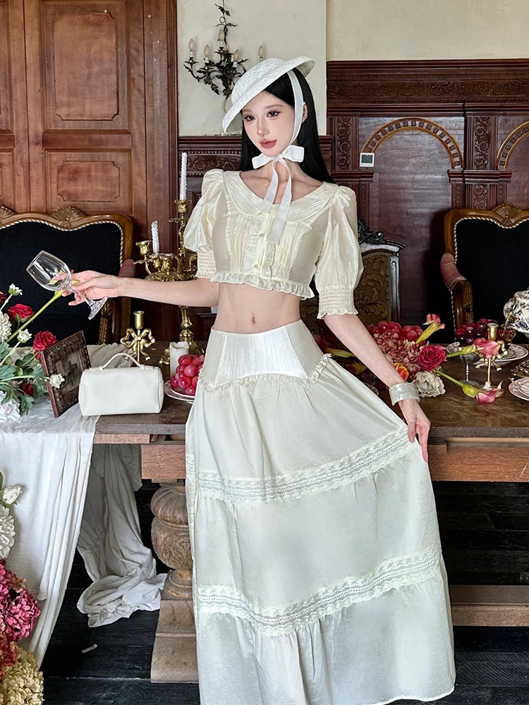 ReddaChic Puff Sleeve Blouse Skirt Women Matching Set Vintage Glossy Crop Top Low Waist Lace Maxi Skirt Holiday Summer Clothes