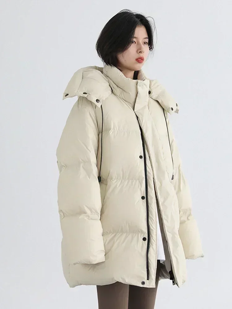 CHIC VEN Korean Women Down Coats Standing Collar Hooded Mid Long 90 White Duck Down Jacket Winter Women Clothing 2024