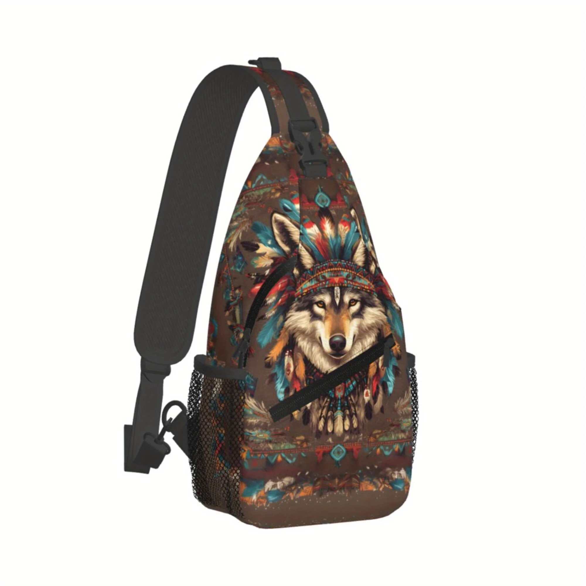 Aztec Feather Wolf Tribal Print Unisex Chest Crossbody Backpack Adjustable Strap Zipper Closure for Travel Hiking Holiday Gift