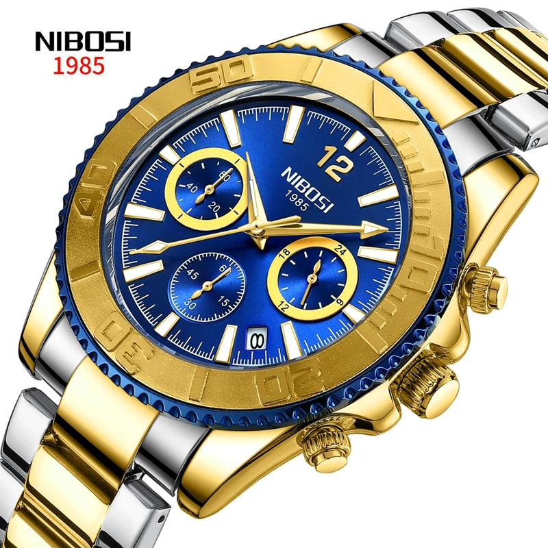 

NIBOSI New Mens Watches Top Brand Luxury Chronograph Quartz Watch for Men Stainless Steel Waterproof 24 Hour Sport Wristwatches