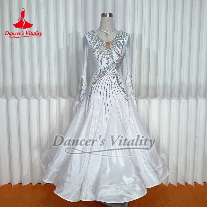 

Tango Waltz Foxtrot Профессиональная одежда для взрослых и женщин Стандартные платья для социальных танцев AB Stones V-образной формы сзади Большие свободные платья на заказ