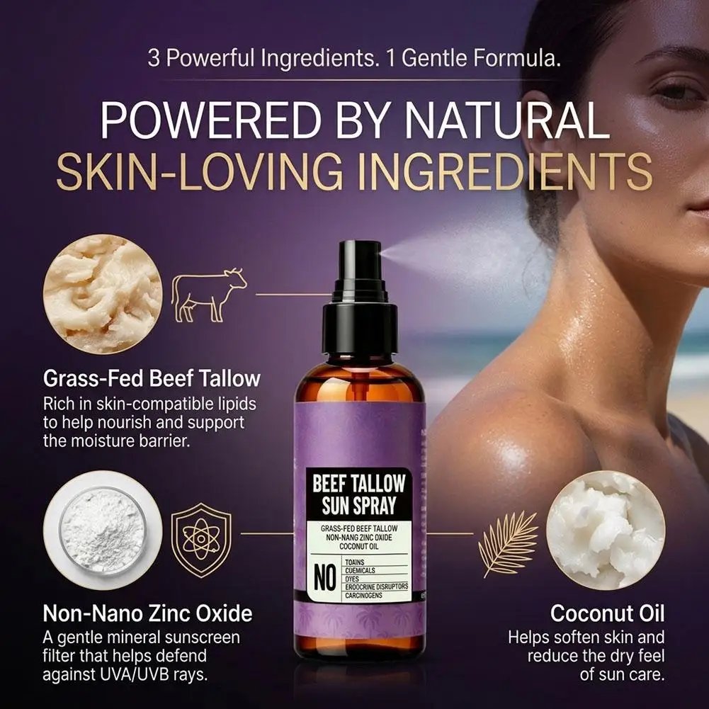 Beef Tallow Sun Spray Grass-Fed Coconut Oil Clean Safe Pure Body Anti-sun Isolation Spray Refreshing Natural Face Body Sunscreen