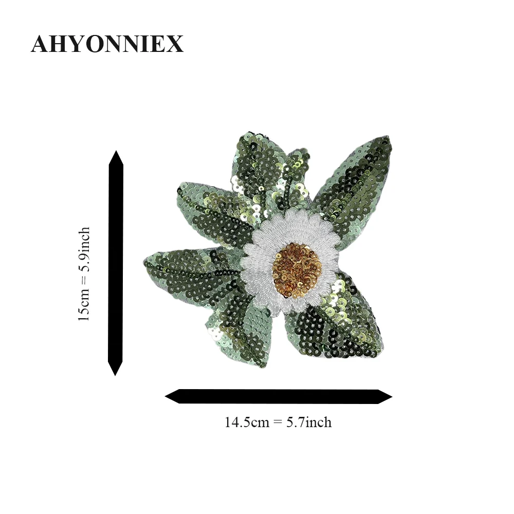 AHYONNIEX 1 Piece Green Sequins Daisies Flowers Patches Embroidered Applique for Clothing Sew On Patch for Clothes