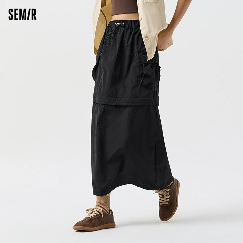 Semir-falda con cintura elástica para mujer, ropa de trabajo a prueba de tres, holgada, recta, con abertura y textura, Primavera, 2024