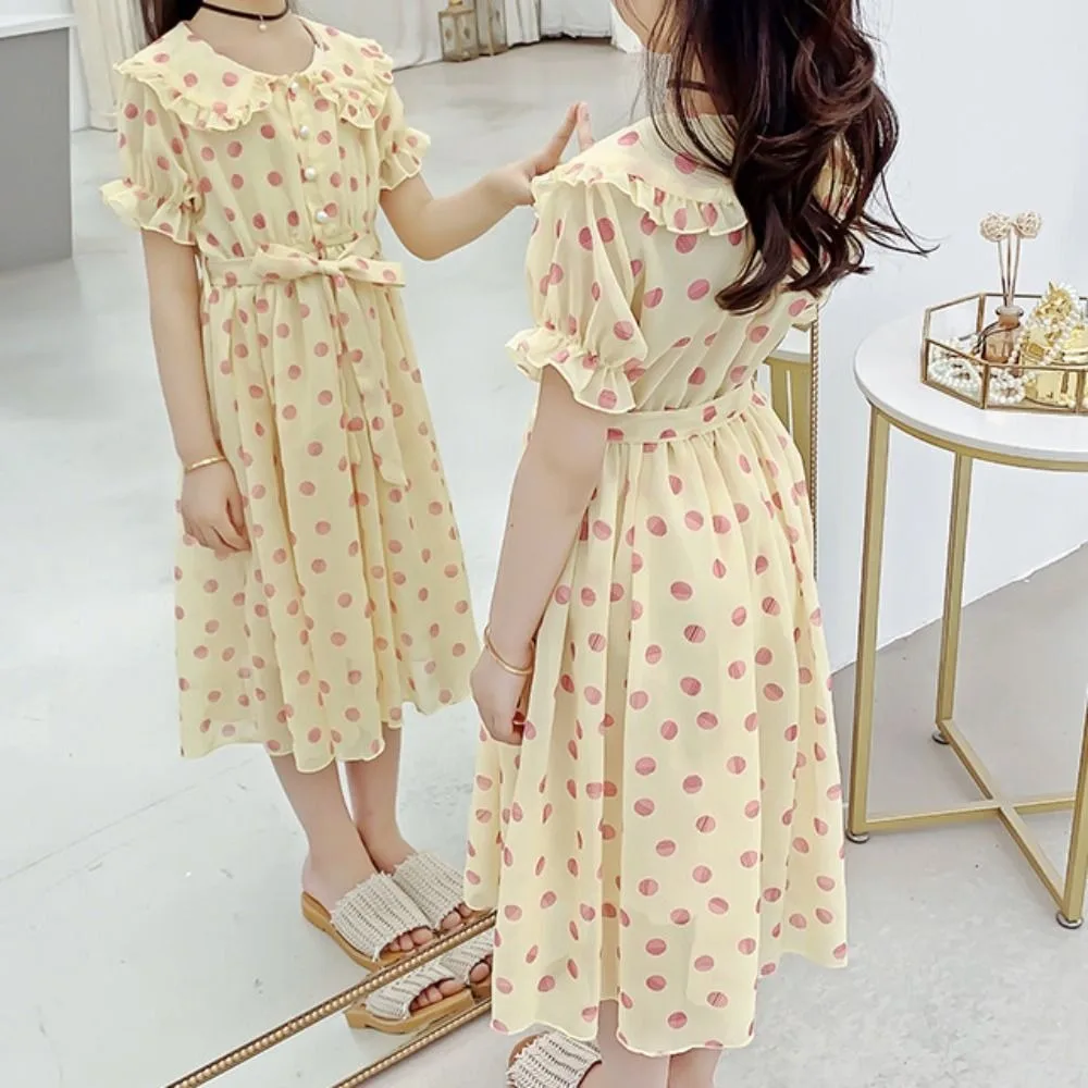 

Elegant Doll Collar Girls Princess Dress Lace Up Party Summer Dot Dress Beach Vacation Sweet Children Dress Summer