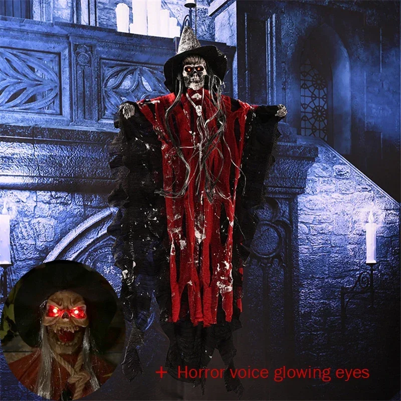 Halloween Hanging Ghost Props Terror Witch Skeleton with Robe Electric Voice Control Luminous Toys Club Home Party Decoration