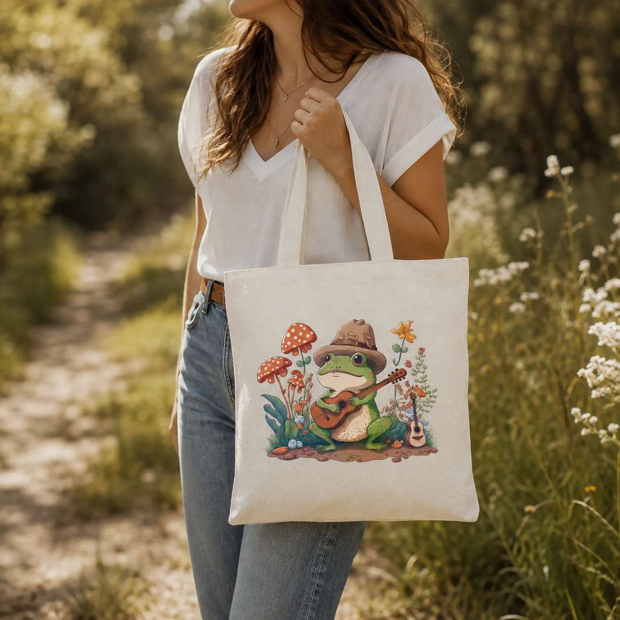 Cute Frog Playing Guitar Canvas Tote Bag Mushroom Floral Nature Graphic Shoulder Bag Casual School Shopping Handbag for Women