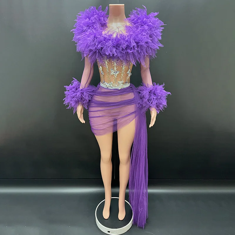 

Women Sexy Nightclub Skirt Sets Purple Mesh See Through Long Sleeve Sequines Corset Top And Mini Skirt Stage Costumes Outfits