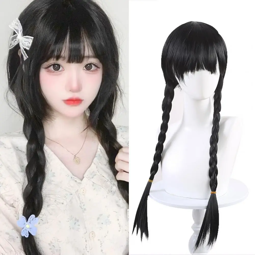 65cm Long Black Braided Wig For Kids Adults Perfect For Halloween Cosplay Parties Natural Wig Adjustable Long Black Straight