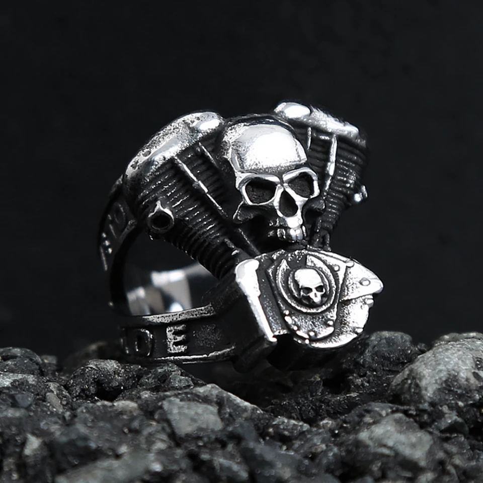 Fashion Vintage Steampunk Motorcycle Engine Skull Rings For Men 316L Stainless Steel Biker Hip Hop Jewelry Gifts Dropshipping