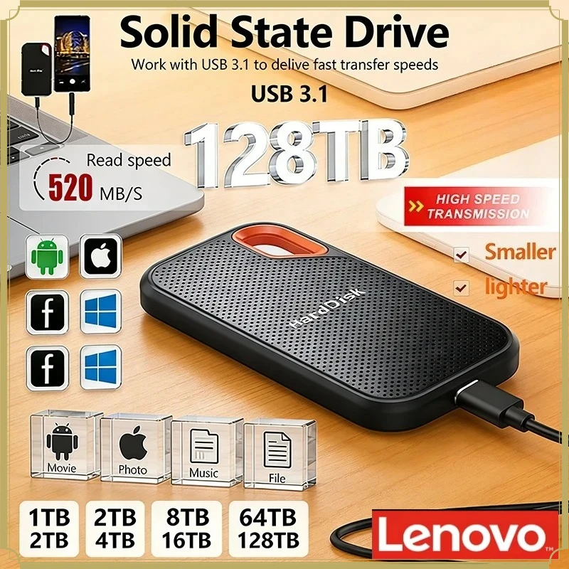 

Внешний жесткий диск Lenovo HDD/SSD для ноутбуков, PS5, Mobile E60, 1 ТБ, 2 ТБ, 256 ТБ, USB 3.1