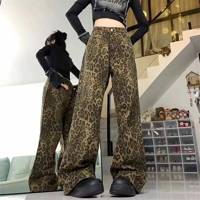 Leopard Print Jeans Trousers Women Loose High Waist Wide Leg Pants 2024 Spring Fashion Ladies Vintage Hip Hop Streetwears