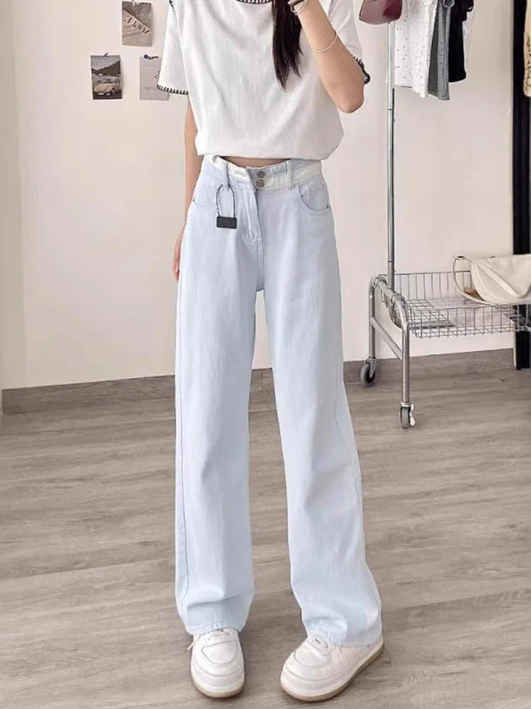 بنطلون جينز نسائي بخصر عالٍ وساق مستقيمة، بنطلون دينيم أزرق ضيق، سروال واسع الساق للتحكم في البطن، مناسب للجسم على شكل كمثرى ...