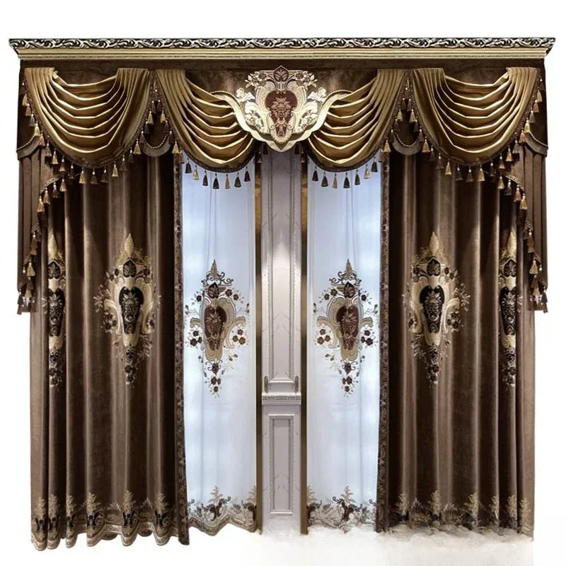 

European-style villa, duplex high-end flannel embroidered luxury curtains