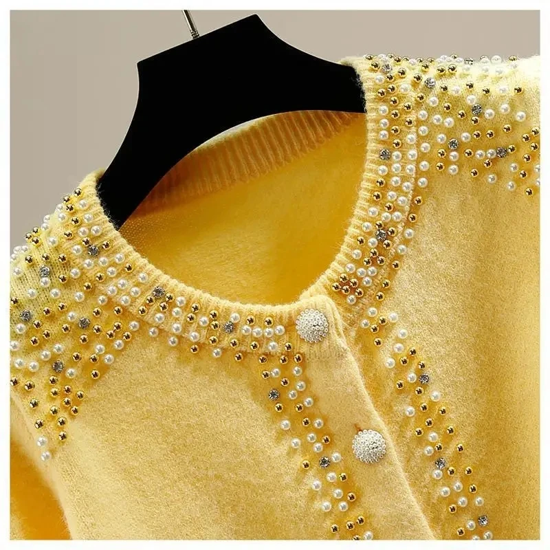 Fashion Women Long Sleeve Slim Cardigans Sweaters Korean Spring Spring New O-Neck Beading Solid All-match Casual Knitted Tops