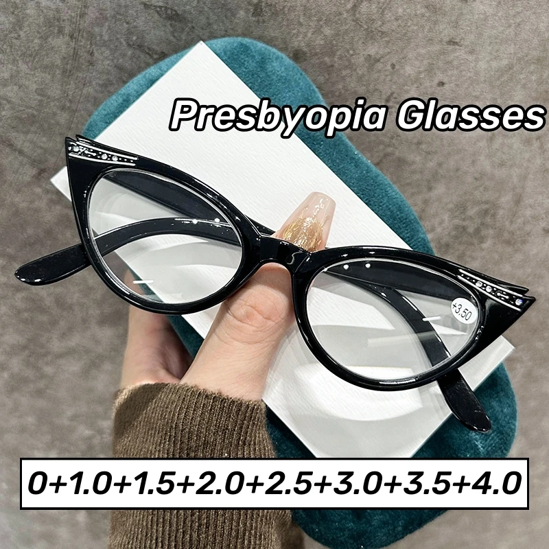 Klasyczne okulary do czytania w cukierkowym kolorze Nowe diamentowe inkrustowane okulary prezbiopii Cat Eye Okulary męskie i damskie Dioptria 0 do +4.0