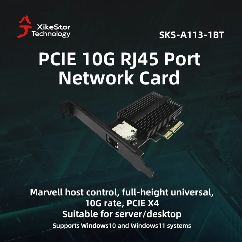 XikeStor PCIE 10G RJ45 Network Card NIC Marvell Host Control, Full-height Universal, 10G Rate, PCIE X4