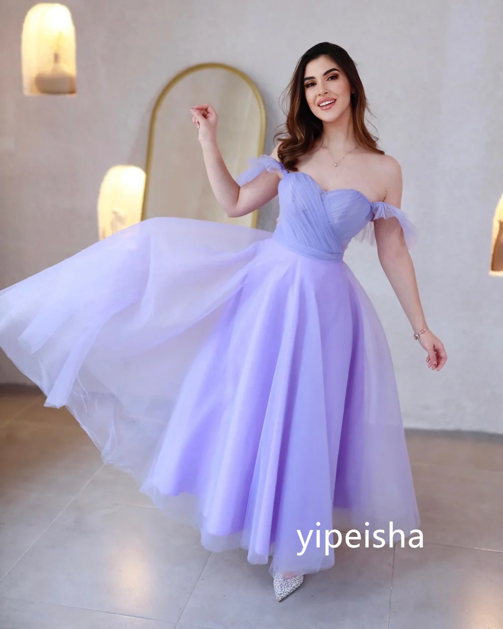 Classic Net Pleat A-line Sweetheart Midi Dresses Prom Dresses Exquisite Modern Style Pastrol Unisex Chinese Style Formal