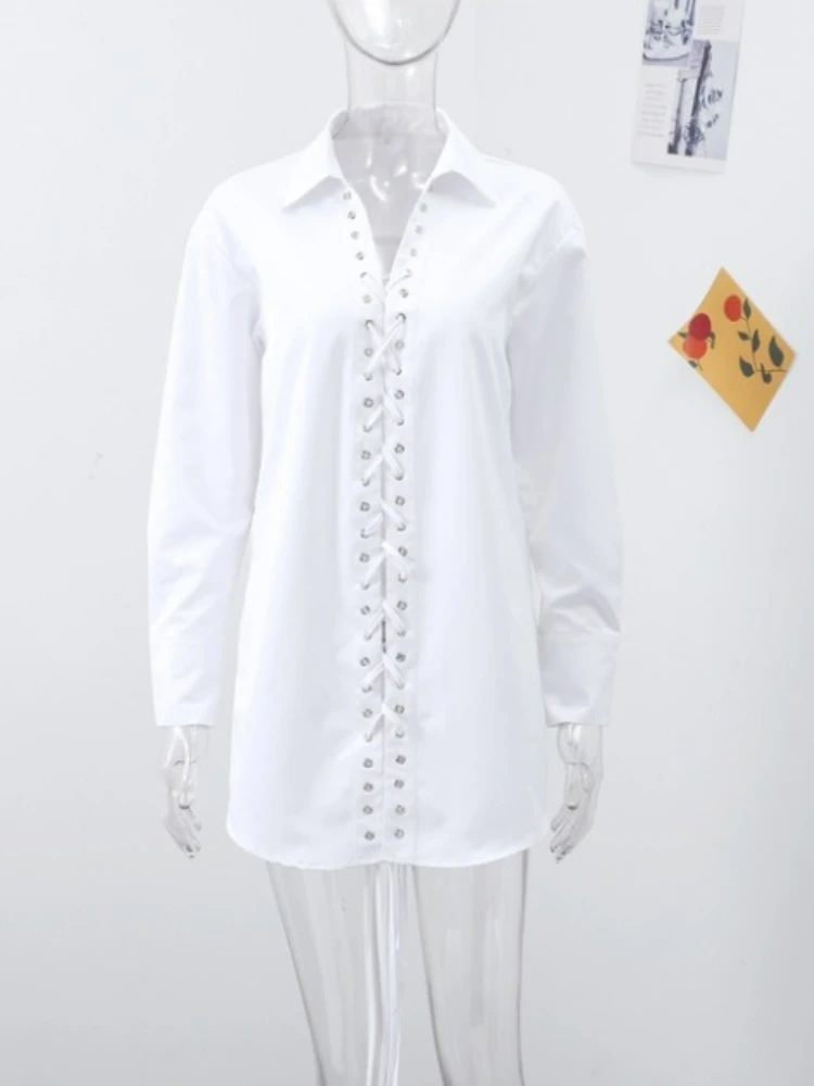여성용 화이트 캐주얼 루즈 롱 셔츠, 우아한 긴소매 오버사이즈 블라우스, 가을 겨울 패션 레이스업 홀터넥 탑 2025
