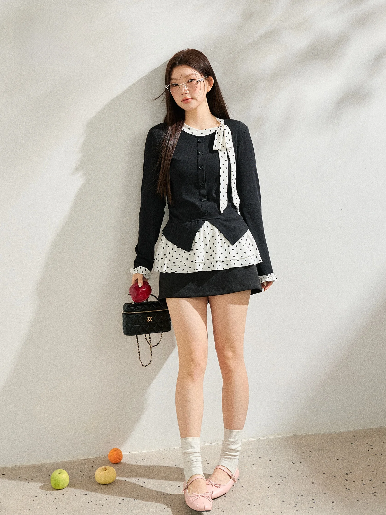 

plus Size Women's Faion Set with Bla Skirt Polka Dot Top Slimming Color Blo Design Commute High Waist A-Line Skirt