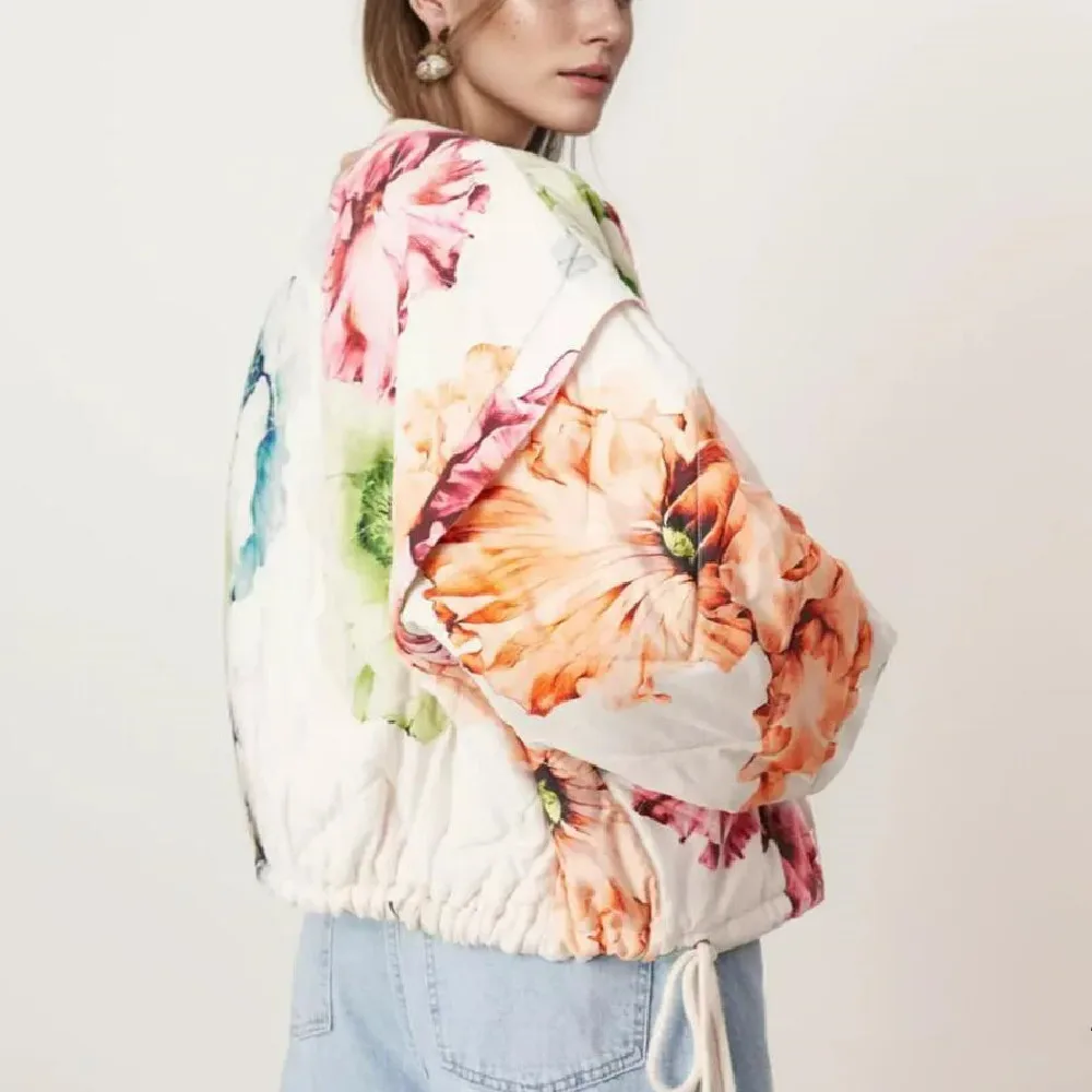 Autumn Winter Colored Flower Print Quilted Coat Ethnic Women Full Sleeve Drawstring Hem Loose Jacket  Thin Quilting Outerwear