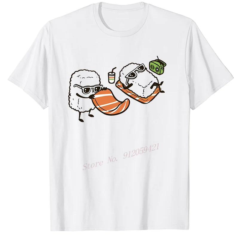 Funny Cartoon Sushi Unisex Black & White T-Shirt Cotton Short Sleeve Tee Shirts O Neck Tops Tshirt Harajuku Streetwear T Shirt