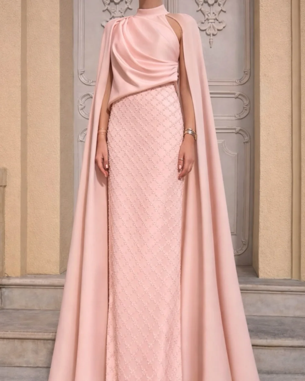 Customized Pink Matching Sparkle Beading Sequined Straight High Collar Long Dresses Evening Dresses Sizes Available High Quality
