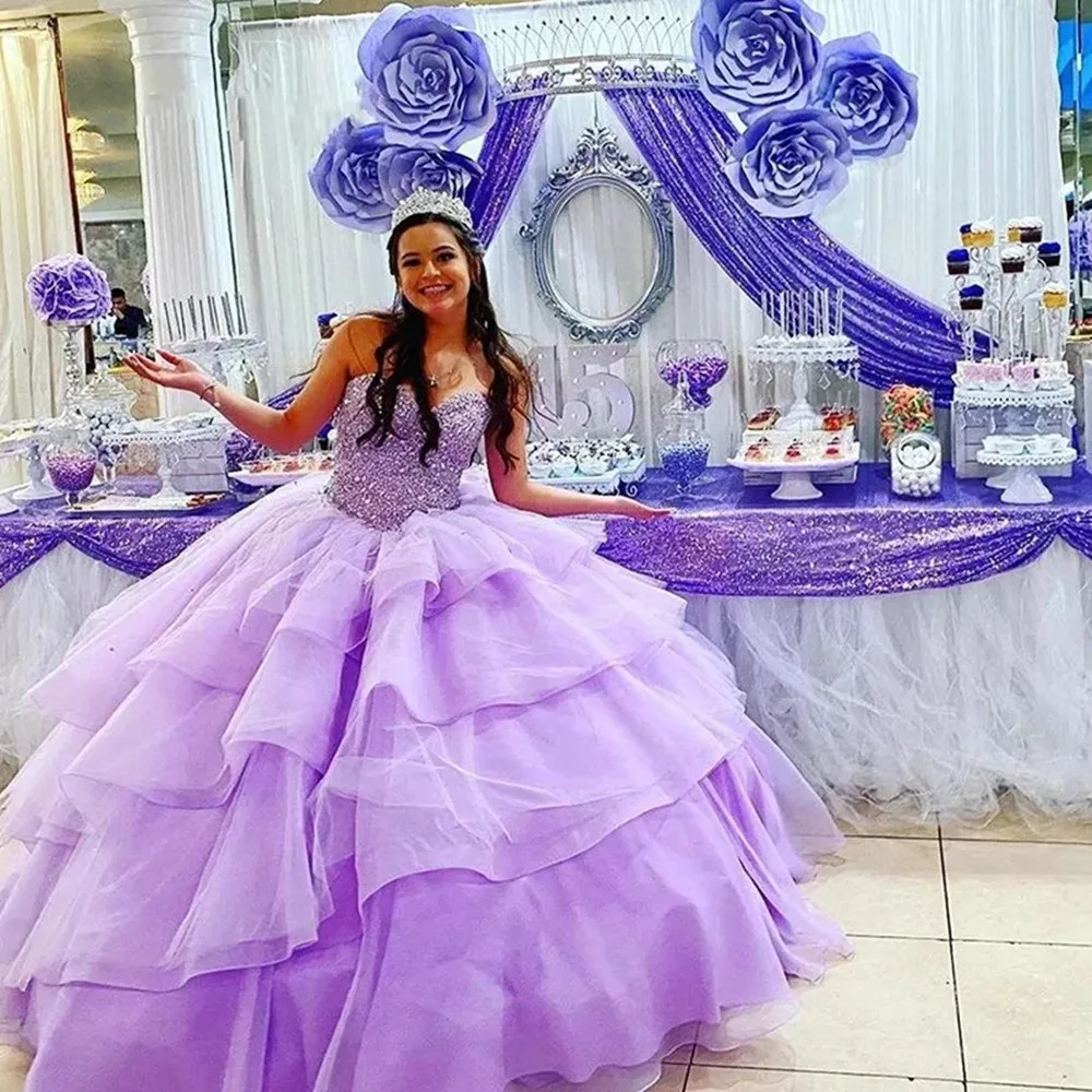 

Angelsbridep 2023 Lavender Ball Gown 15 Year Old Quinceanera Dresses Beading Tiered Sequined Off Shoulder Girls Birthday Party