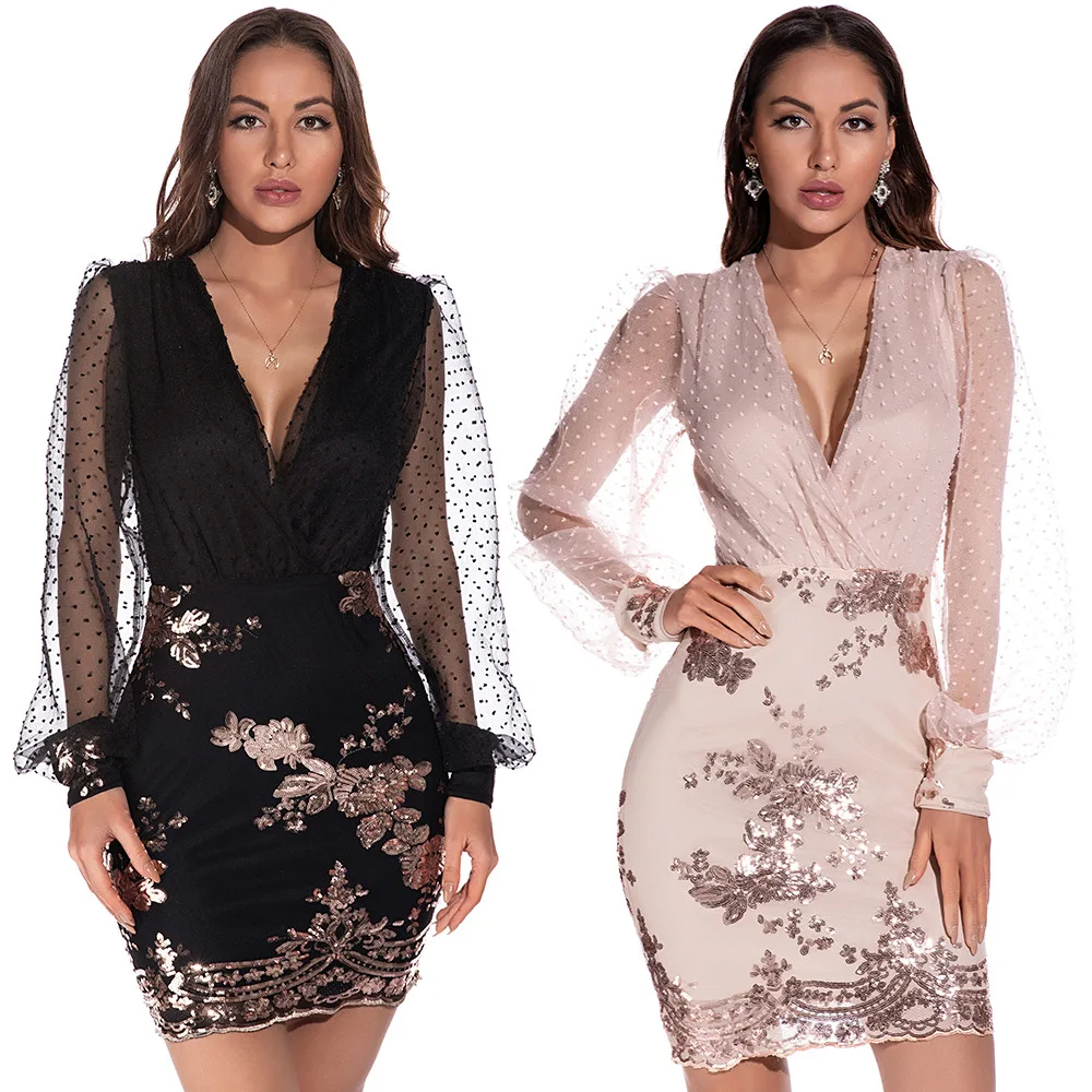 

New Sequined Short Dress Sexy Mesh Long-Sleeved Backless Dress V-Neck Hip Skirt Dress Women's European And American Style