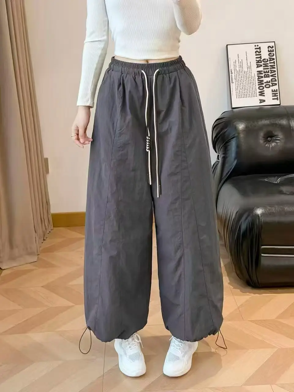 plus Size Quick Dry Wide Leg Pants Women's Casual Cotton down Pants Hide Meat Slimming Leisure Two-Way Drawstring Pants