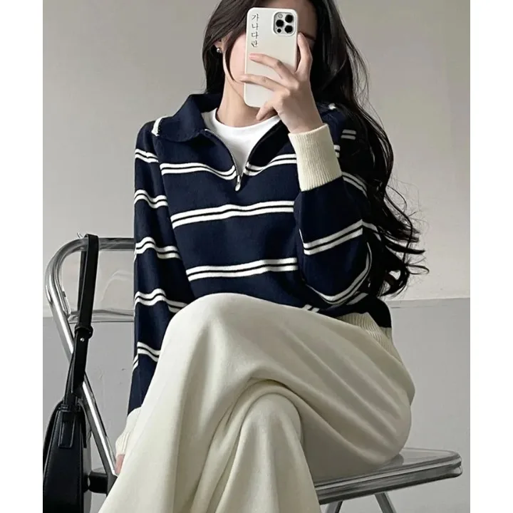 

Women's Chic Long Sve Knitted Sweater Zipper Collar Soft Cozy Striped Contrast Color Commute Sle Winter Faion Top