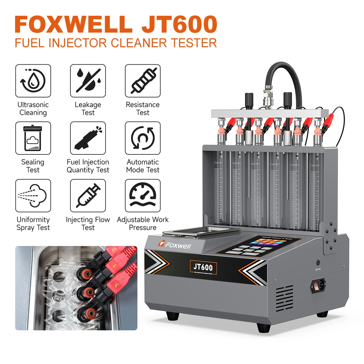 

FOXWELL JT600 Injector Cleaning Machine Dual Channel lnjector Cleaning Tool Test Built-in Air Pump for 12V Car Motocycle