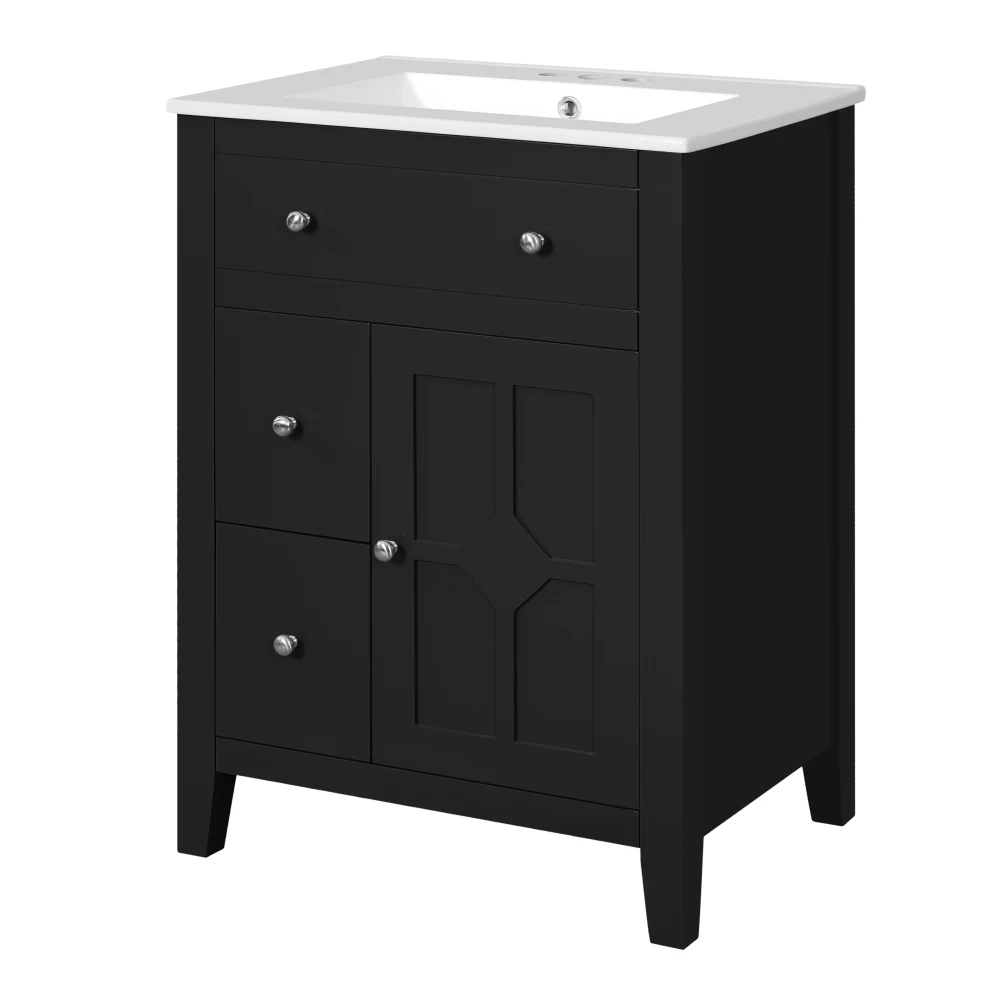 

24"Modern Bathroom Vanity with Ceramic Basin,Restroom Basin Cabinet with 2 Drawers,Small Bathroom Cabinet with Soft-Closing Door