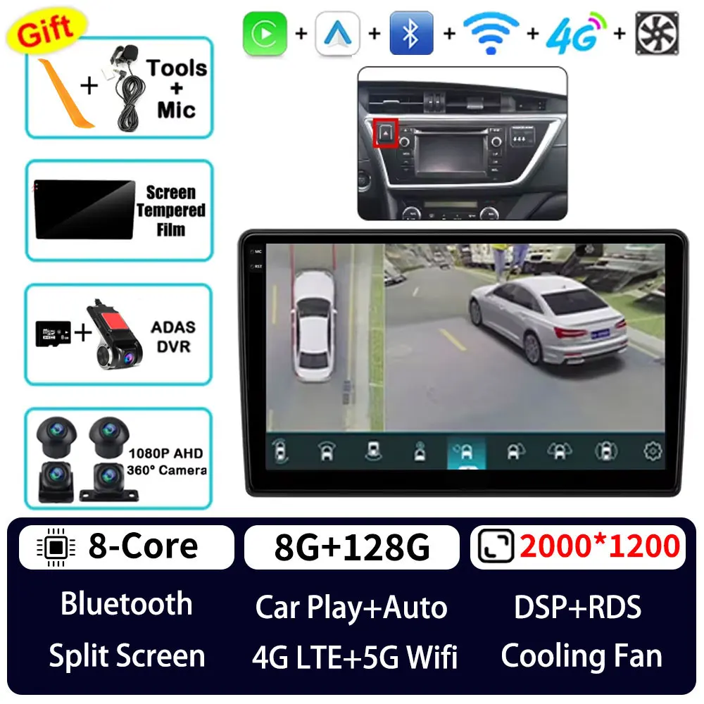 Android 15 Carplay voor Toyota Auris 2013 2014 2015 2016 Corolla E160 E170 LHD 360 camera 5G WIFI autoradio BT videospeler QLED
