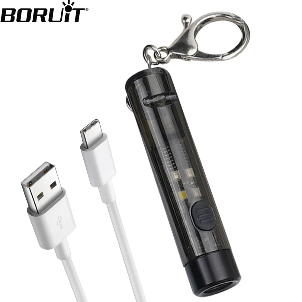 BORUiT LED Keychain EDC Flashlight Type-C Rechargeable Mini Torch UV Work Light with Whistle Camping Pocket Lantern