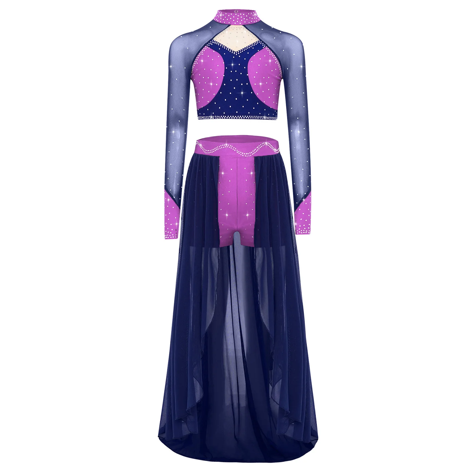 Set di danza classica per bambine, costume di danza lirica moderna contemporanea, manica lunga, ritaglio sul retro, strass, top corto con gonna