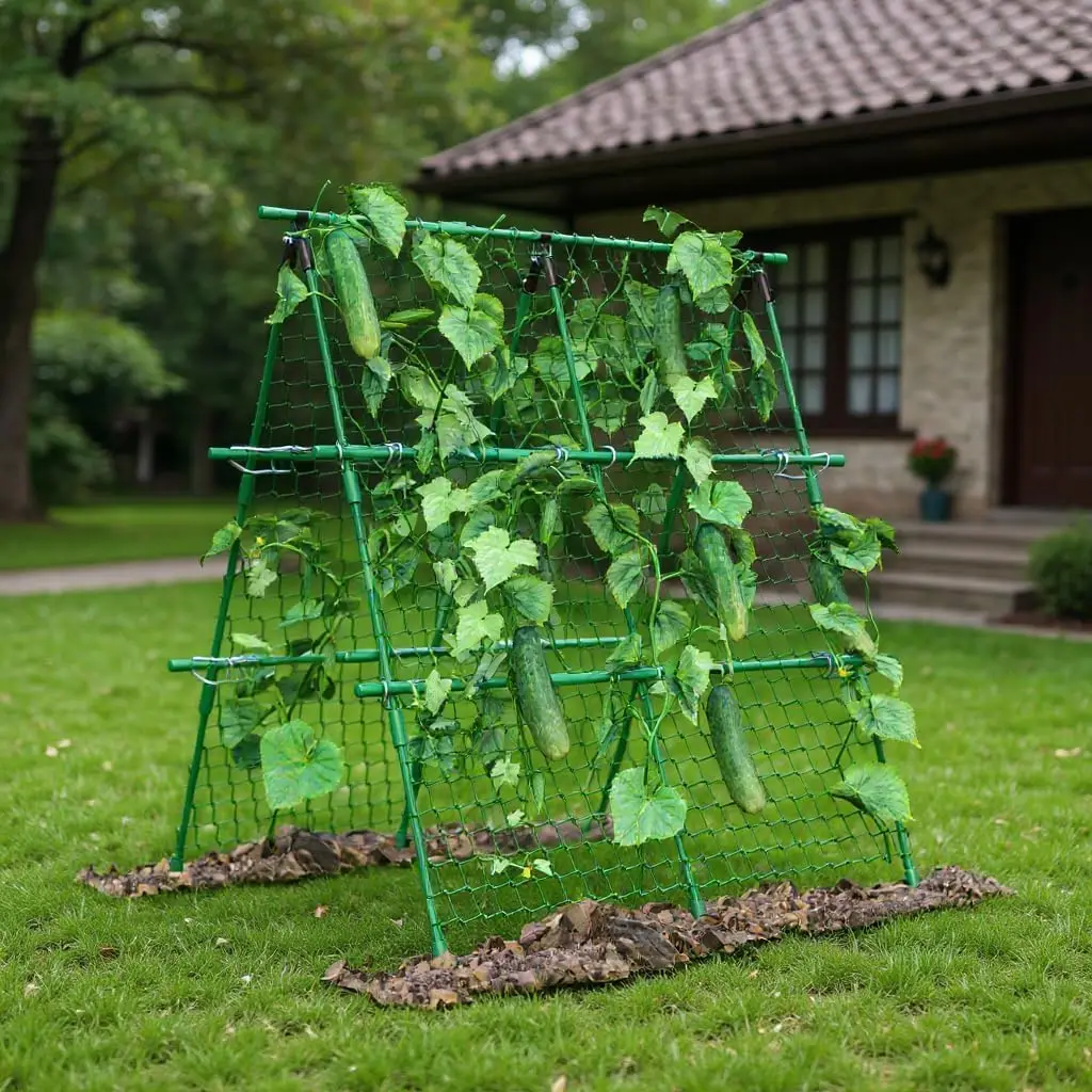 4 x 4 ft Outdoor A-Frame Garden Trellis with Netting, Durable Metal Climbing Plant Support for Tomatoes, Cucumbers, Peas, Beans, Grapes, Tool-Free Assembly & Weather-Resistant
