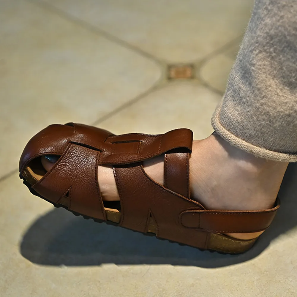 Women Dark Brown Genuine Leather Roman Sandals Woven Closed Toe Slingback Cork Footbed Antique Brass Buckle Flat Shoes view 4