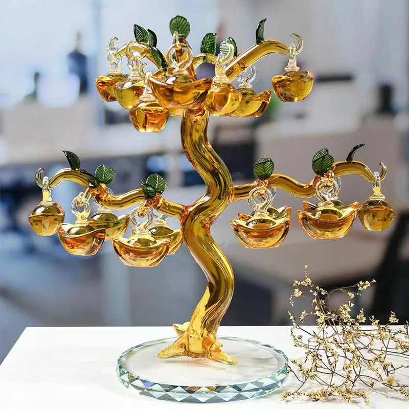 Kristallen Boom Met 18 Stuks Hangende Blokken Munten Glas Appelboom Huisdecoratie Miniatuur Decor Ornamenten Feng Shui Beeldjes