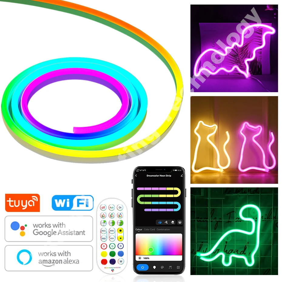 

DC12V LED Neon Strip RGBIC 96LEDs/m Tuya WiFi Smart Flexible Tape RGB Neon Light IP67 Waterproof for Room Decor Work with Alexa