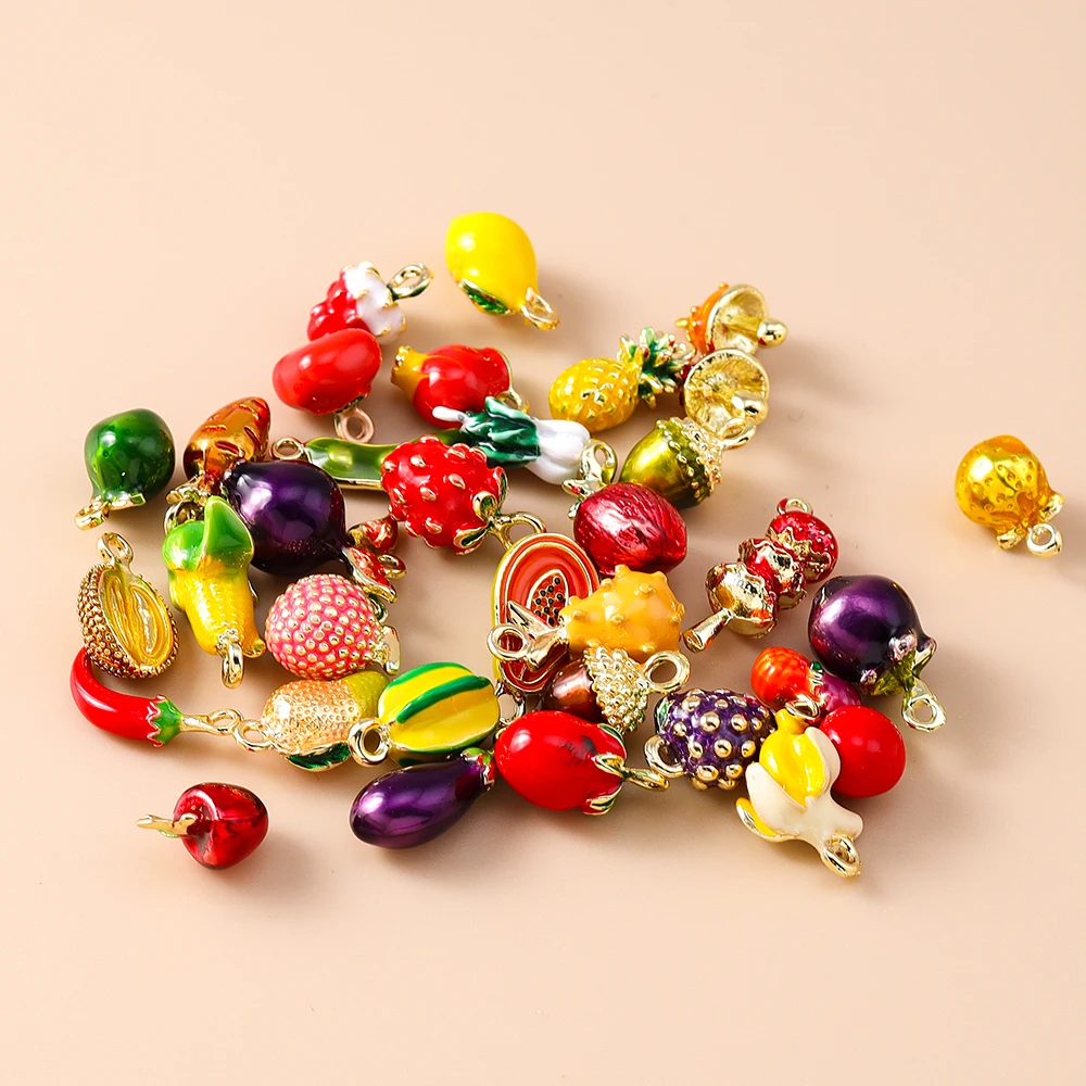 Leslie 5pcs Cute Mini Fruit Pendants Apple Banana Lemon Grape Charm Beads for Brand Sterling Silver Bracelet Jewelry Making DIY