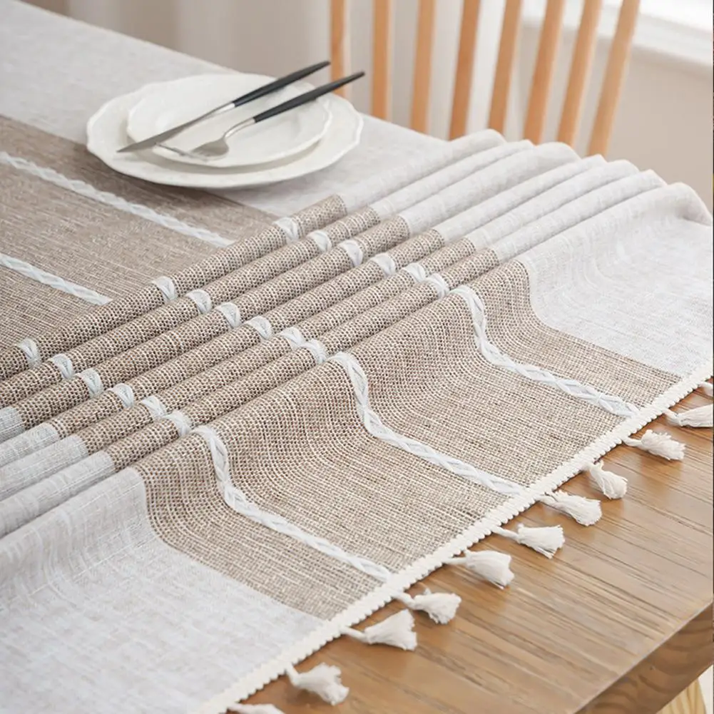 Waterproof Cotton Linen Tablecloth for Rectangle Tables Rustic Neutral Tone Fringed Design 140x180cm-140x300cm Indoor Outdoor
