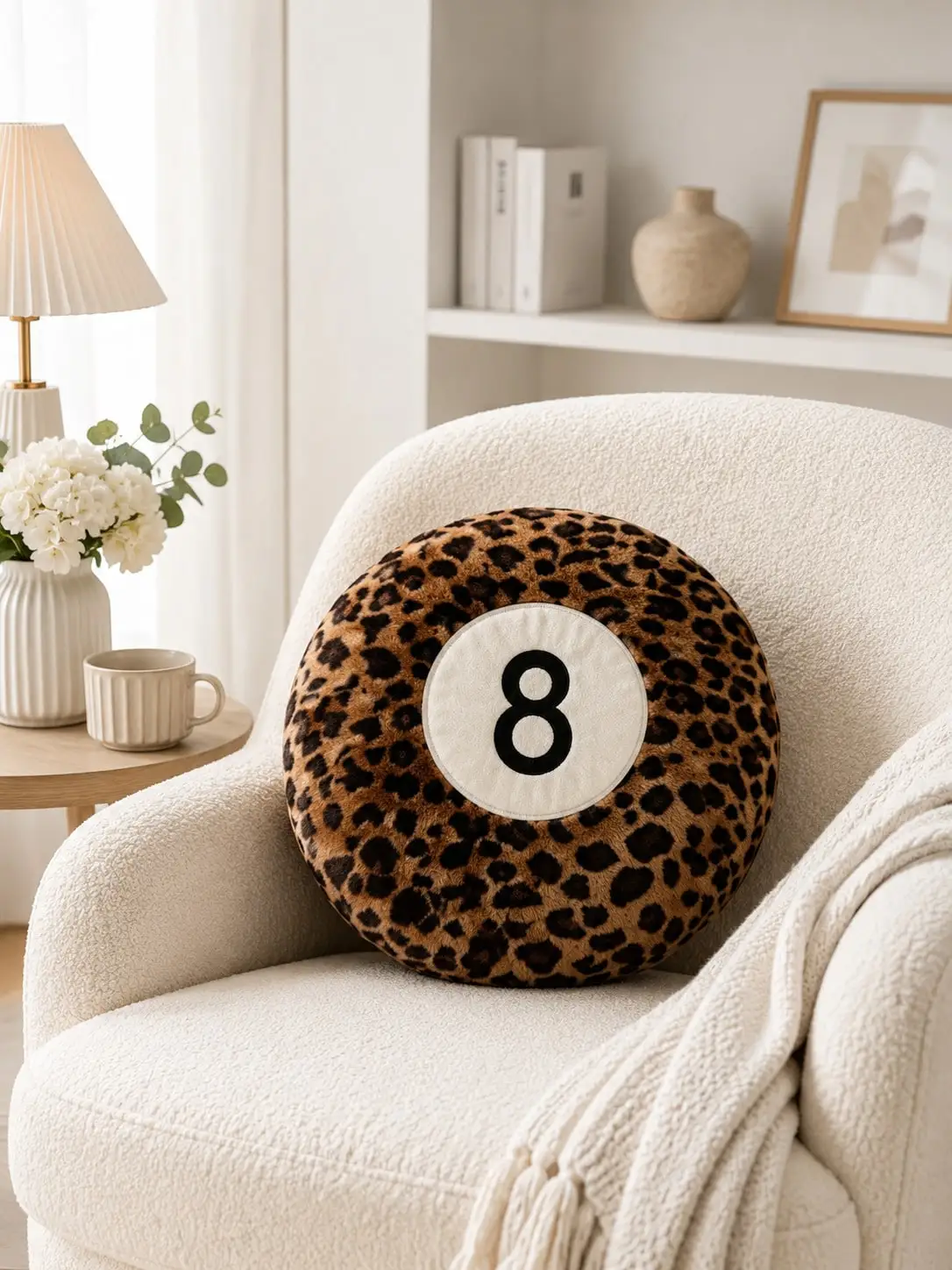 Leopard Print Billiards Number 8 Round Plush Pillow, Soft Fluffy Decorative Cushion For Sofa, Bed, Living Room, Retro Home Accent & Valentine's Day Gift