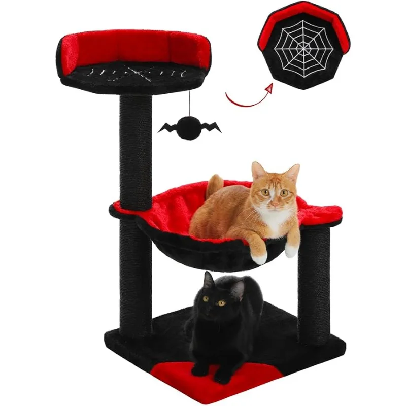 

Gothic Cat Tree with Coffin Bed, Spooky Cat Tree with Black Scratching Posts & Halloween Cat Tower & Large Hammock for Small Kit
