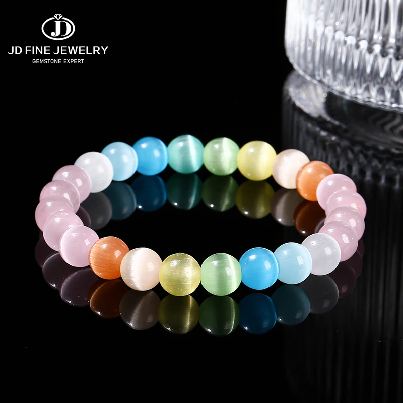 JD Natural Stone Colorful Cat Eye Round Beaded Bracelet Women Fashion Simple Handmade Stretch Bangles Yoga Meditation Jewelry