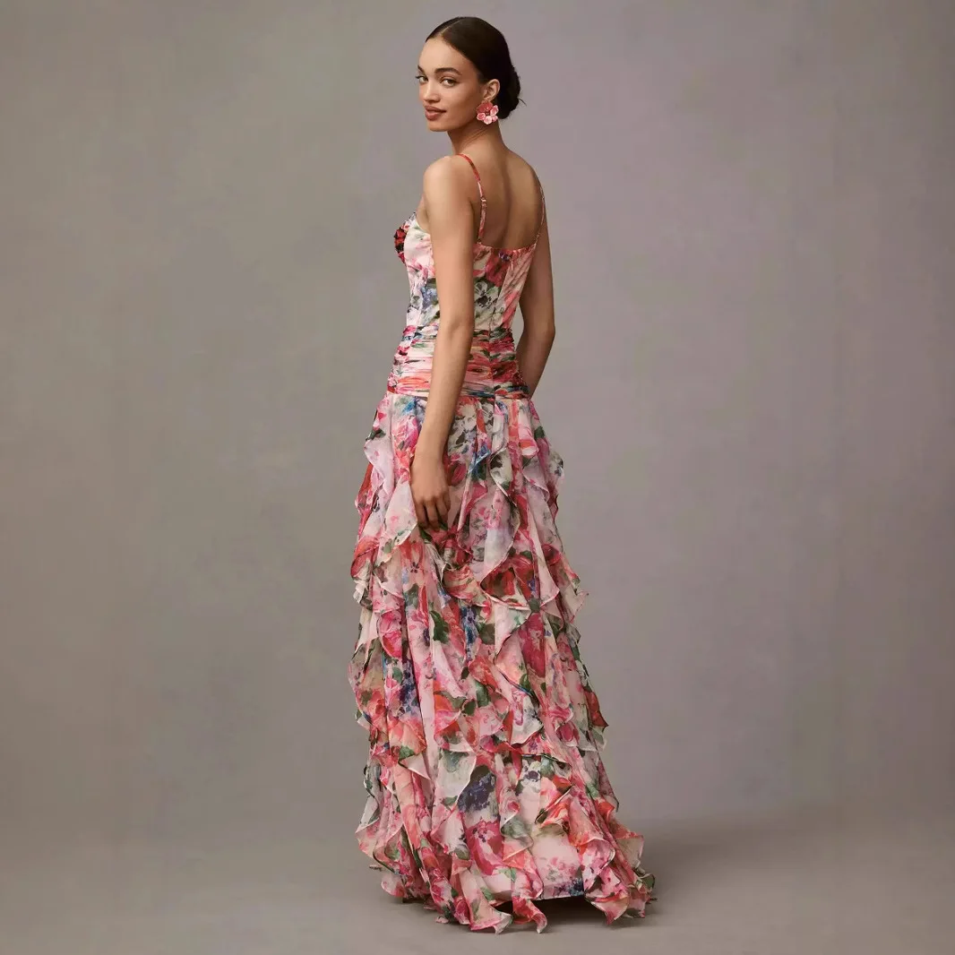 فستان سهرة نسائي مكشوف الكتفين لعام 2025 - فستان رسمي بدون حمالات بطباعة شيفون وأكمام طويلة مع سحر أثيري