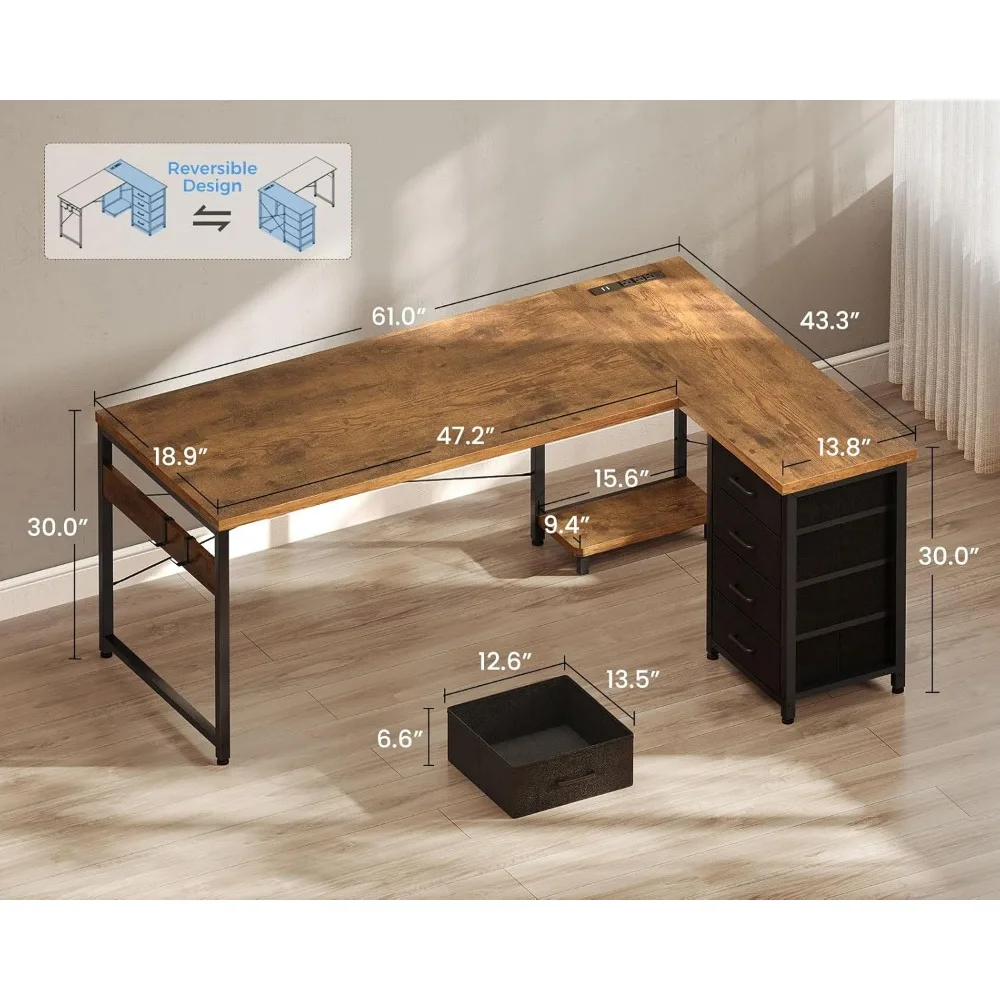 61'' L Shaped Desk with 4 Drawers, Reversible Corner Desk with Storage, Gaming Table with Power Outlets, USB Ports, Computer