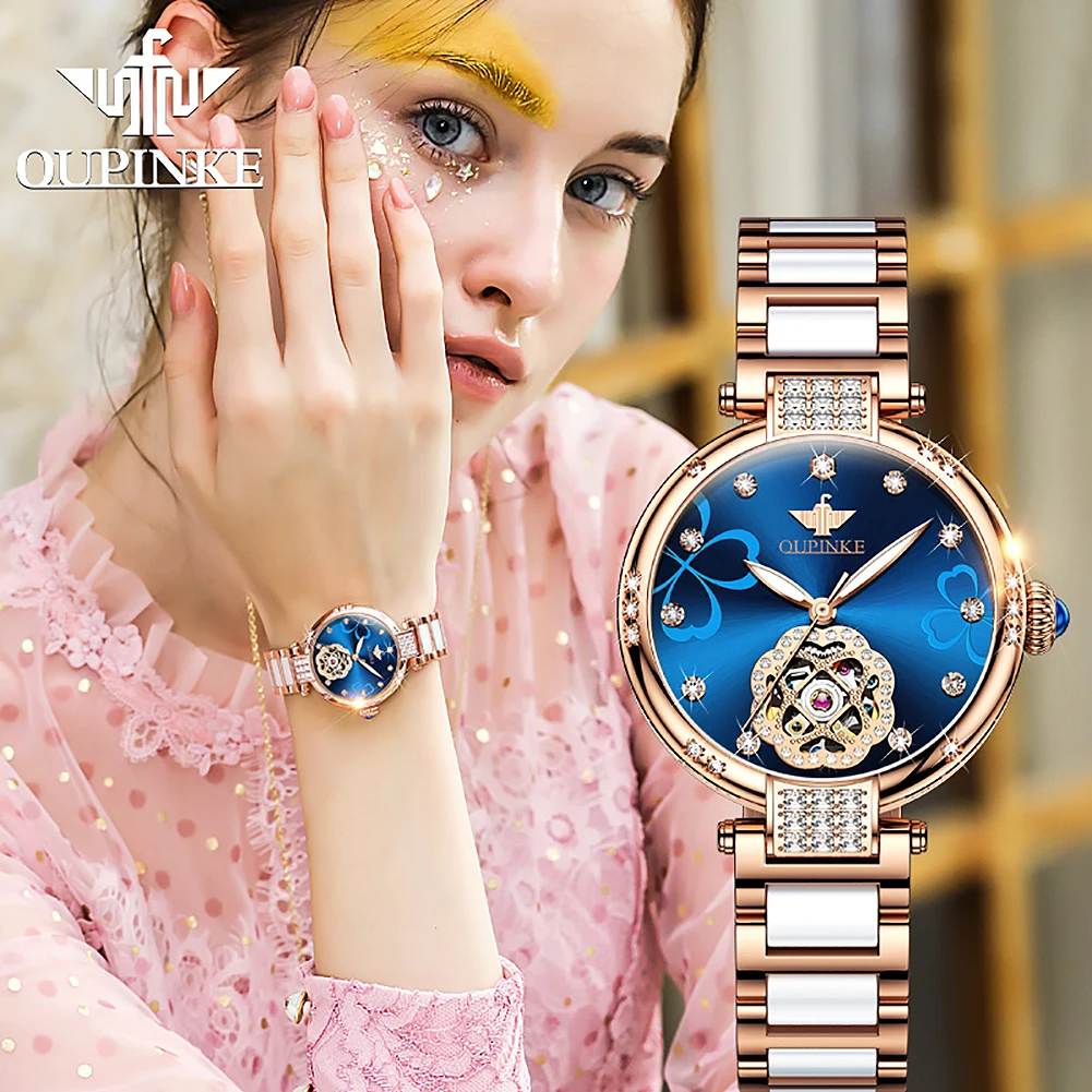 OUPINKE 3183 Luxury Brand Skeleton Automatic Machinery Women's Watch Elegant Rose Gold Ceramic Strap Diamond Women's Watch Set