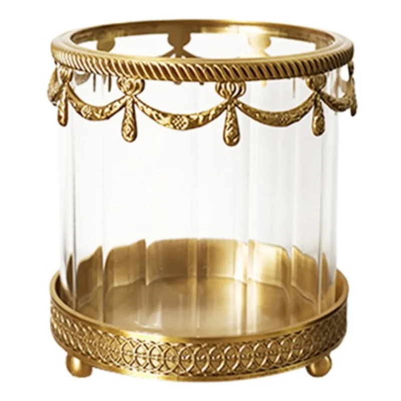 

Brass glass round cosmetic cup simple engraved pen dresser surface light luxury storage bucket